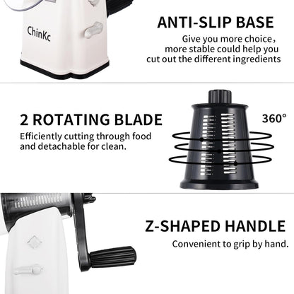 Upgrade Rotary Cheese Grater Shredder with Handle, Strong Suction Base, Multi-purpose Rotary Grater Slicer with 5 Interchangeable Blades for Ice, Vegetables, Fruit, Nuts with Blade Storage Box
