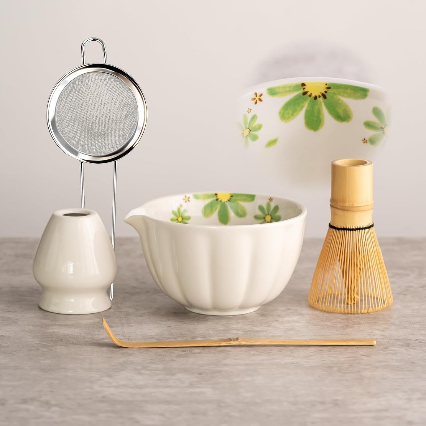 TANG PIN Matcha Set - Match Bowl and Whisk, 15 OZ, Matcha Scoop | Matcha Whisk Stand (Chasen Holder) - 4pc Perfect Matcha Kit for Matcha Tea Ceremony (Mottled Green)