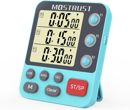 Digital Dual Kitchen Timer, 3 Channels Triple Countdown Timer for Cooking, Magnetic Memory-Preset Large Display Adjustable Volume, Multi Time Management, 3A Battery Included, Black