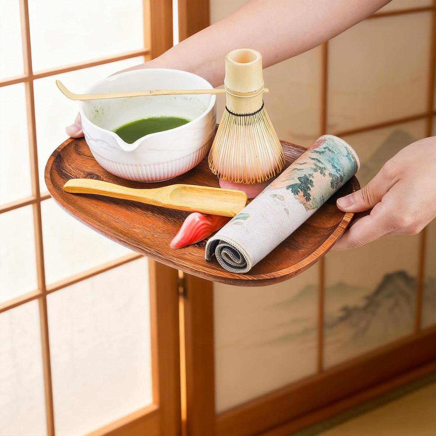 8 Pack Matcha Whisk Set, Japanese Matcha Tea Set, Ceramic Mixing Bowl with Spout, Bamboo Measuring Spoon and Scoop Stand, Towel, Whisk Holder, Stainless Sifter, Gift for Beginner, Tea Ceremony