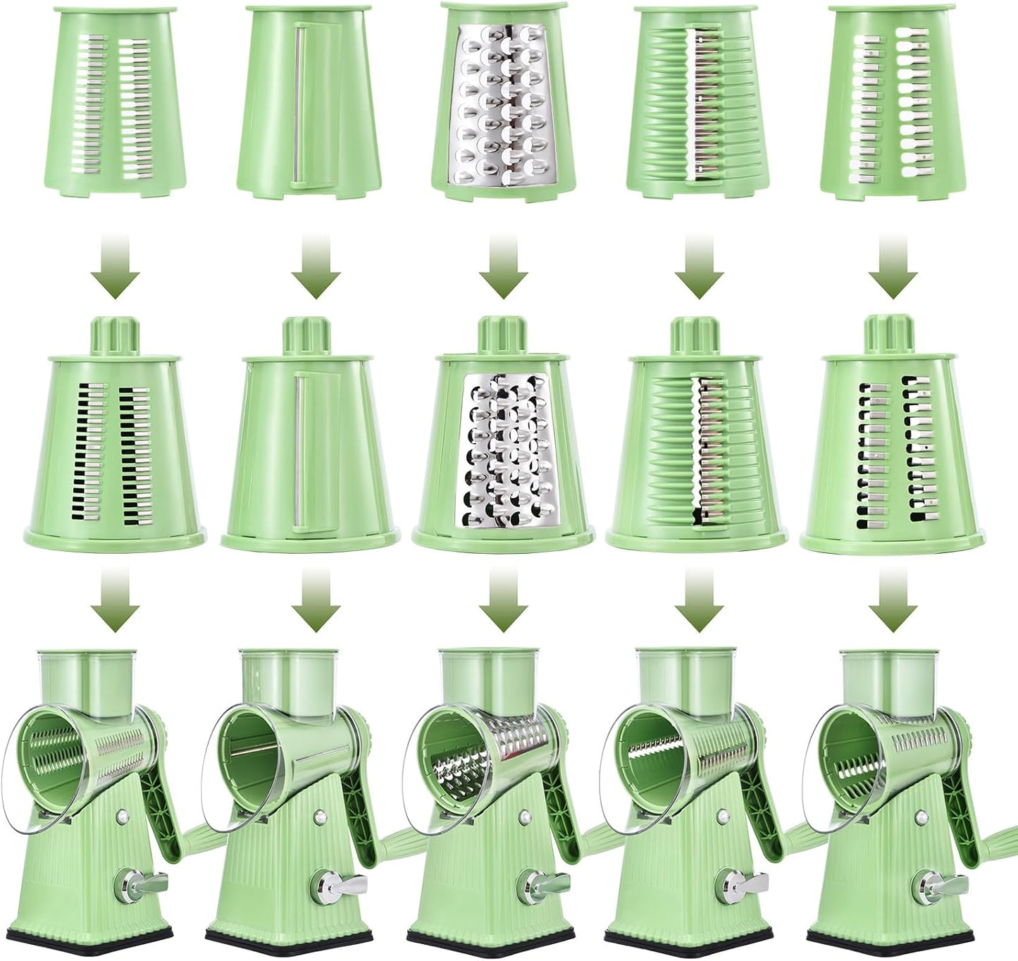 Xilrvna RotaryCheeseGrater,VegetableShredder 5 in 1 Cheese GraterwithHandleedderReinforcedSuction,EasytoClean,KitchenChopperforCrushedIce,Fruits and Nuts with Blade StorageCase（light green）
