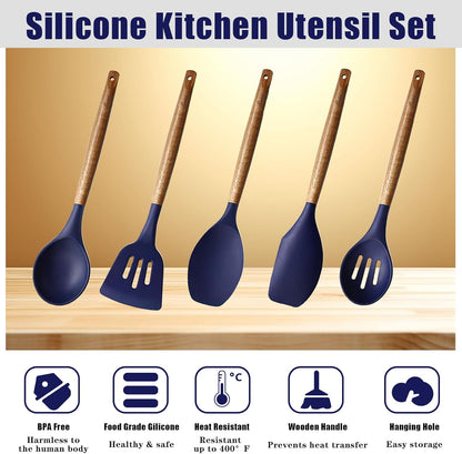 Kitchen Utensils Set, Silicone Cooking Utensils Set,Non-Stick Silicone Spatula Set with Natural Acacia Hard Wood Handle, 5 Piece, Upgraded Thickened Cookware