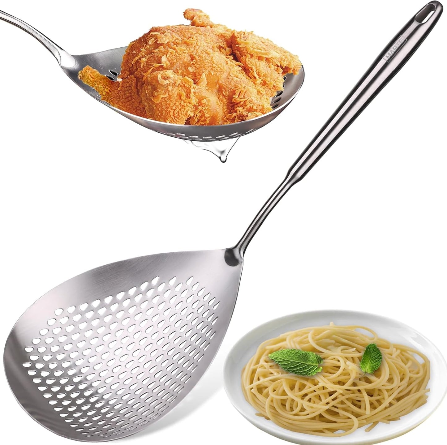 MARTE Skimmer Slotted Spoon Set of 4 - Kitchen Pasta Strainer Spoon - Spider Strainer Skimmer Ladle Spoon with Holder for Cooking and Frying Food, Spaghetti, Vegetable, Dumpling - 14.8In,16.5In,17In