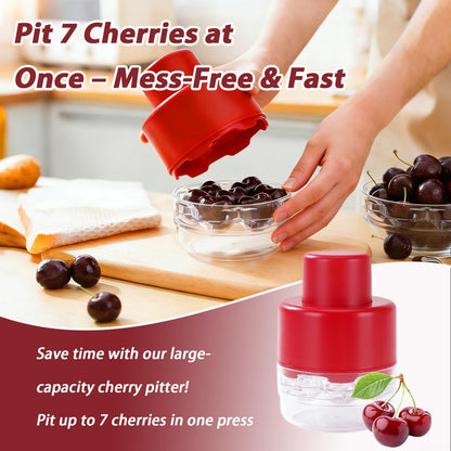 7-IN-1 Large Cherry Pitter Tool - Portable Cherry Corer Pitter With Ergonomic Push Design - Easy to Use for Making Cherry Jam - Pit 7 Cherries at Once, Saving Time & Effort - Red