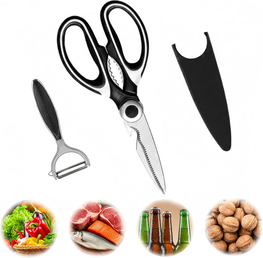 Heavy Duty Kitchen Shears Ultra Sharp Stainless Steel Scissors For Food and Meat 4-in-1 Cutting Poultry, Fish, Herbs, Bottle Opener and Nutcracker Kitchen Scissors with Comfort Grip, Dishwasher Safe