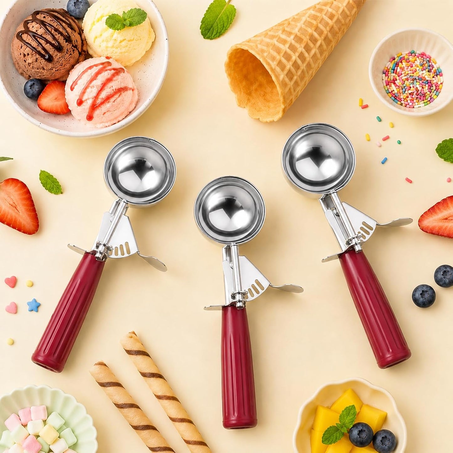 Cookie Scoop Set of 3, Ice Cream Scoop with Trigger Release & Anti-Freeze Grip, 18/8 Stainless Steel Cookie Scoops for Baking, Portion Scooper for Cookie Dough, Cupcake, Mashed Potatoes (S/M/L)
