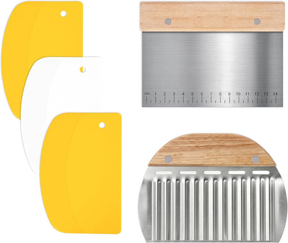 5 Pcs Bench Scraper, Bench Scraper Kitchen 2 Pcs Stainless Steel Dough Scraper with Wood Handle and 3 Pcs PP Food Scraper with Hanging Hole, Multipurpose Bread Dough Cutter for Baking-Green