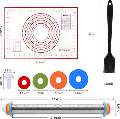 Adjustable Rolling Pin 19 Baking Tool Set and Silicone Baking Pastry Mat Set,Thickness Rings,Stainless Steel Dough Roller Rolling Pins for Baking Dough, Pizza, Pie, Pastrie(Red Mat)