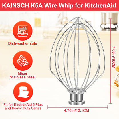 Stainless Steel Accessories for KitchenAid 4.5-5 Qt Tilt-Head Mixer, K45 Whisk, Flat Beater and Dough Hook for 5 Quart Mixing Bowl, Fits KSM45, KSM90, KSM150, Dishwasher Safe, Heavy Duty