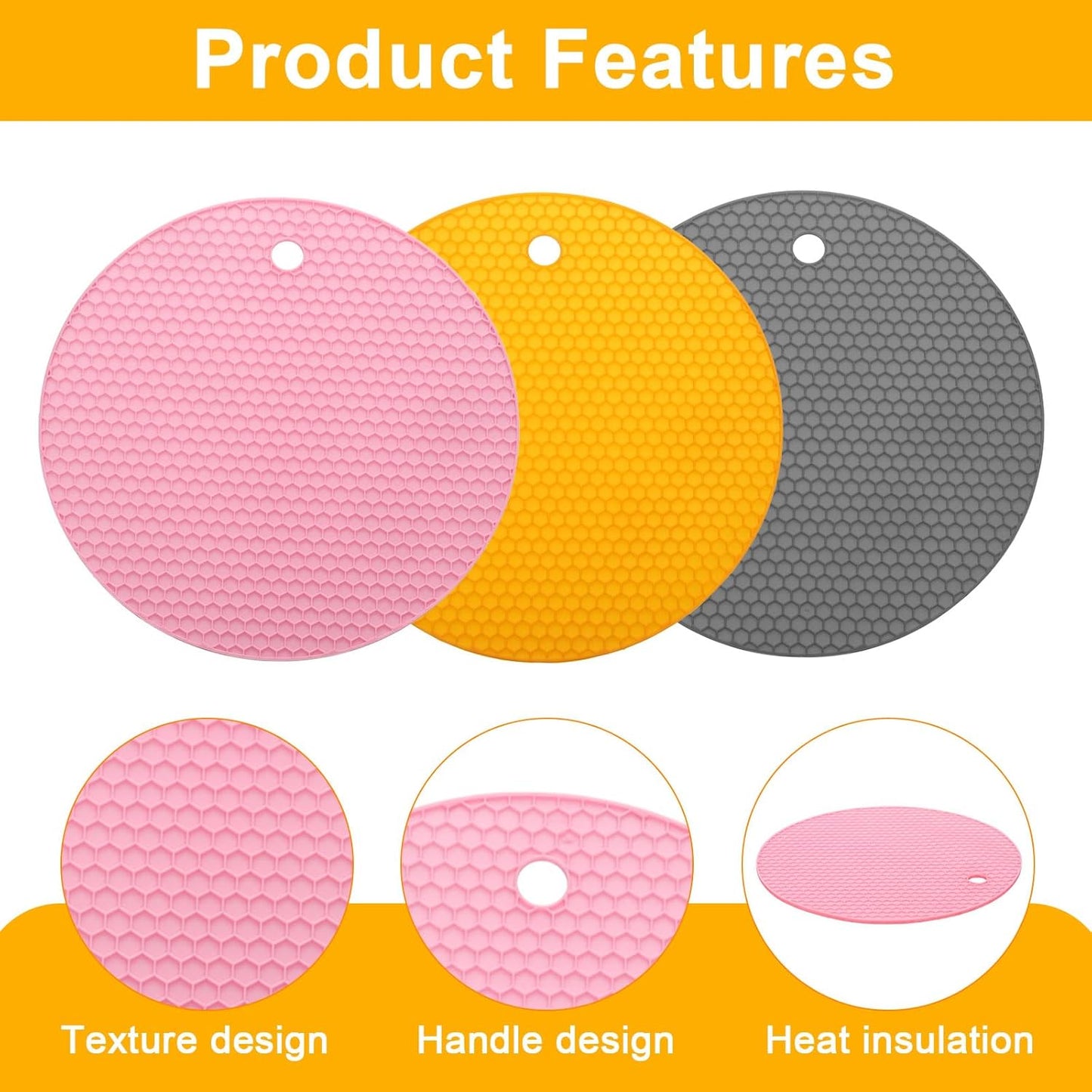 uxcell 3pcs Silicone Jar Opener Pads, 17.5cm/7" Texture Can Opener Multipurpose Round Bottle Lid Opener Non-Slip Coasters for Weak Hands Seniors Children, Orange, Blue, Gray