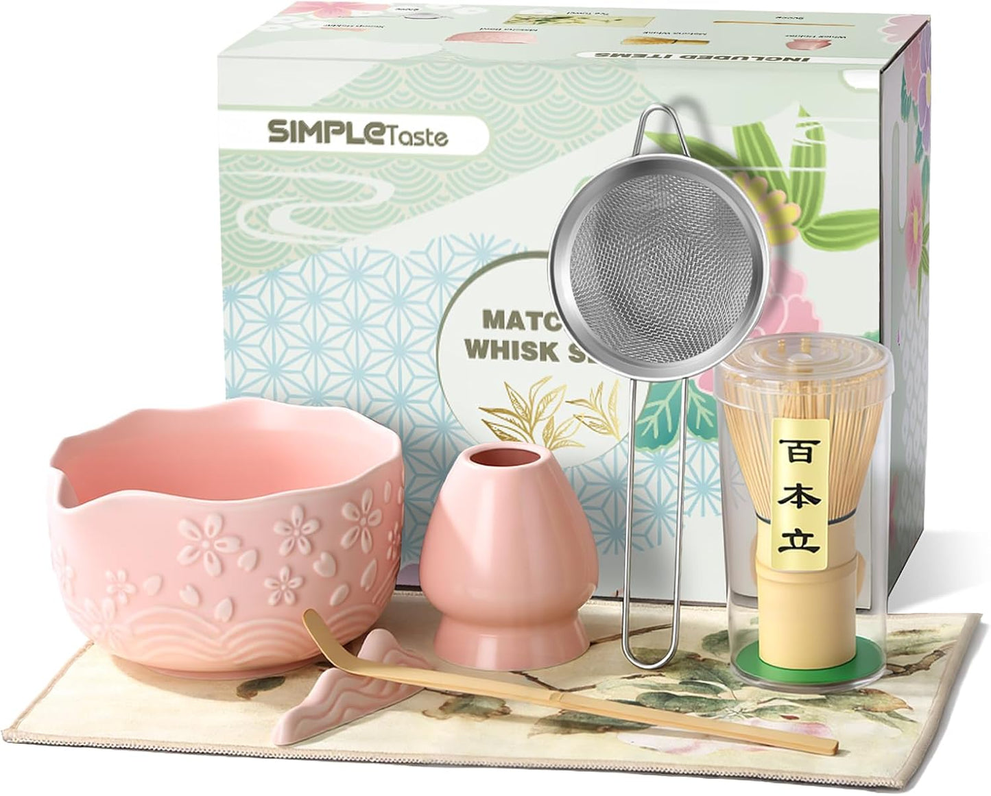 SIMPLETaste Matcha Whisk Set, 7 Pcs Ceramic Matcha Kit Includes Bowl, Whisk and Holder, Bamboo Scoop, Scoop Rest, Sifter and Tea Towel - Matcha Kit for Macha Lovers (Pink)