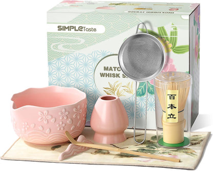 SIMPLETaste Matcha Whisk Set, 7 Pcs Ceramic Matcha Kit Includes Bowl, Whisk and Holder, Bamboo Scoop, Scoop Rest, Sifter and Tea Towel - Matcha Kit for Macha Lovers (Pink)