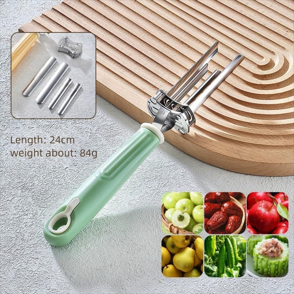 Apple Corer Tool - Stainless Steel Professional Apple Core Remover for Fruits & Vegetables, Multi-Purpose Corer Tool Kitchen with Storage Hook (Khaki)
