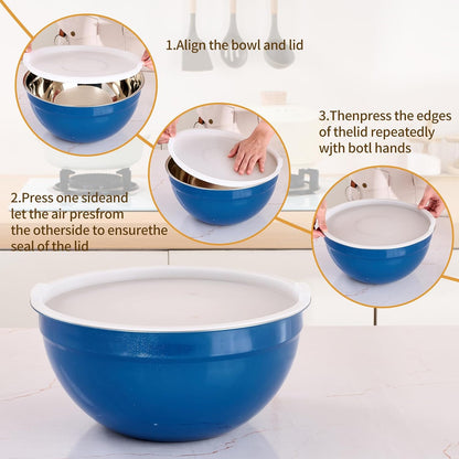 Colorful Mixing Bowls with Airtight Lids, Stainless Steel Nesting Mixing Bowls Set of 7, Ideal for Baking, Prepping and Serving Food, Size 7, 3.6, 2.7, 2.1, 1.5, 1.1,0.8 QT, Stackable Design