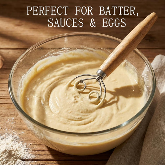 Danish Dough Whisk for Sourdough Bread, Stainless Steel Bread Dough Whisk with Wooden Handle, Manual Dough Mixer Tool for No Knead Bread, Pizza, Baking & Starter Mixing