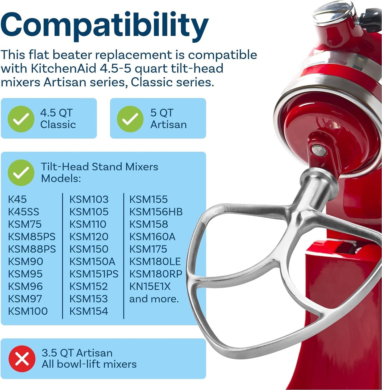 Mixer Attachments for KitchenAid 4.5–5 Quart Tilt-Head Stand Mixers – Compatible with Artisan & Classic – Beaters, Whisks, Dough Hooks & Attachment Sets by MMOBIEL (6-wire Whip, Stainless Steel)