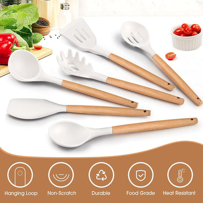 E-far Cooking Utensils Set of 6, Silicone Kitchen Utensils with Wooden Handle, Non-stick Cookware Friendly & Heat Resistant, Includes Spatula/Ladle/Slotted Turner/Serving Spoon/Spaghetti Server(Khaki)