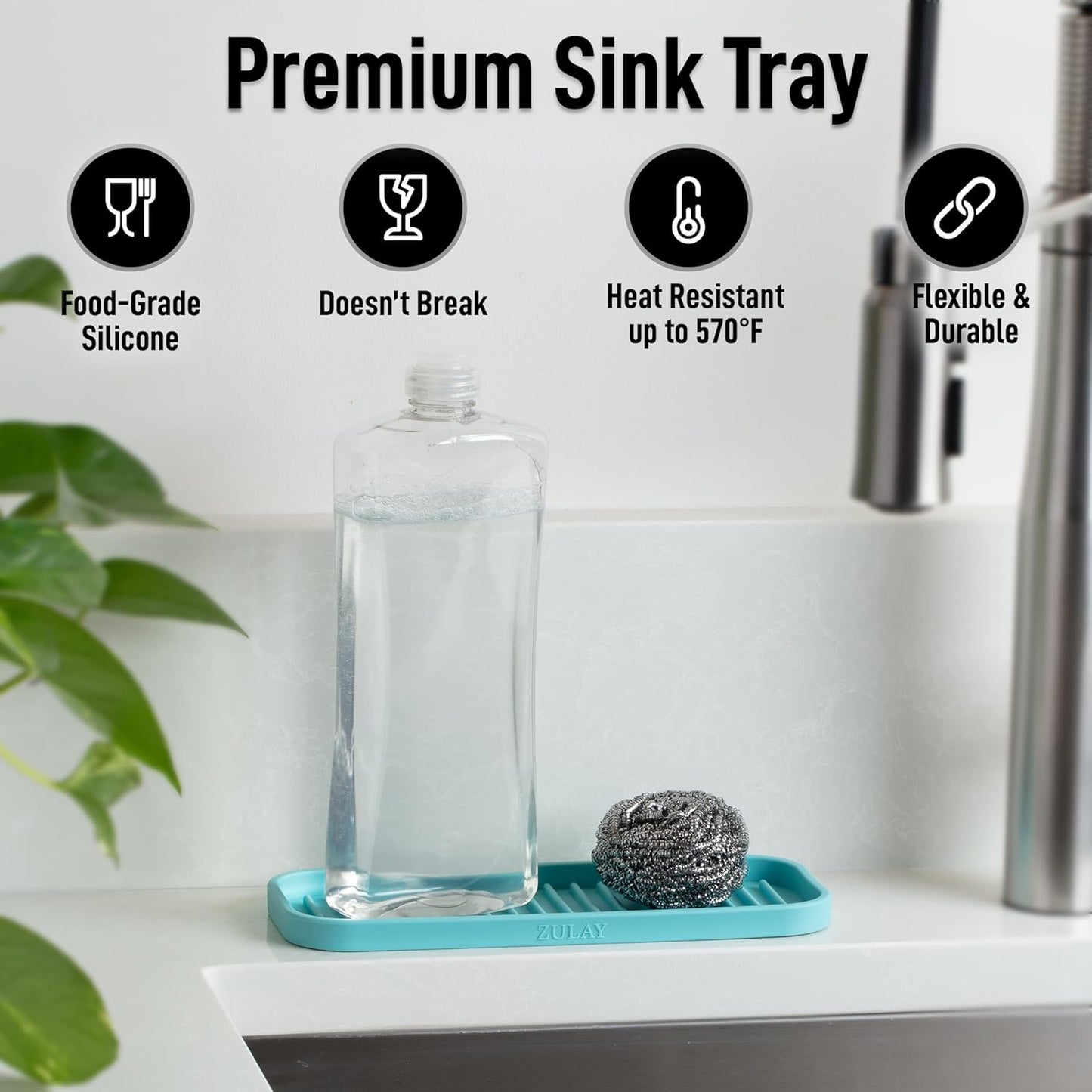 Zulay Kitchen (9x3.5in Sponge Holder for Kitchen Sink - Flexible Heavy-duty Multipurpose Sink Caddy - Counter Organizer for Kitchen, Bathroom, Makeup, Trinkets & More! (Grey)