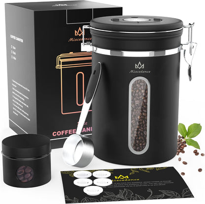 Coffee canister for ground coffee with Scoop Date Tracker One Way Co2 Valve 304 Stainless Steel Kitchen Food Airtight storage container for Coffee Beans,Grounds,Tea,Sugar (Black, 16oz)