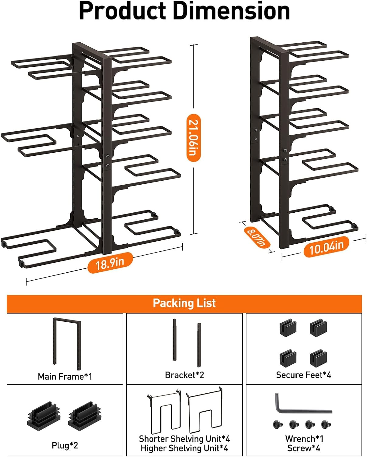 ORDORA Pots and Pans Organizer for Cabinet 16.61 Height, 8 Tier Pot Organizers Rack with 3 DIY Methods, Adjustable Pan Organizer under Cabinet Kitchen Organization and Storage