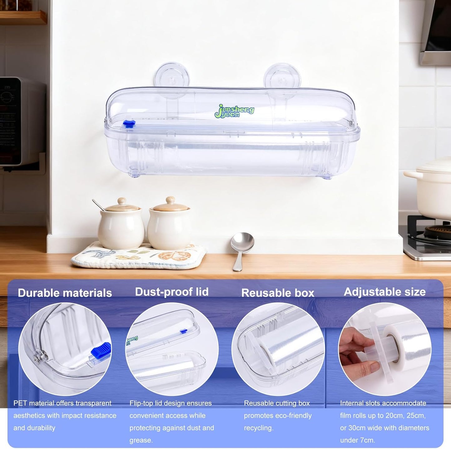 Refillable Plastic Wrap Dispenser with Slide Cutter Food Preservation Storage Set Reusable Dispenser - Nail-Free Wall Mounting/Countertop Use Cutting Box