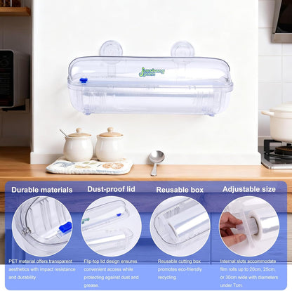 Refillable Plastic Wrap Dispenser with Slide Cutter Food Preservation Storage Set Reusable Dispenser - Nail-Free Wall Mounting/Countertop Use Cutting Box
