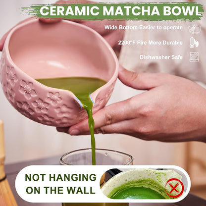 Matcha Whisk Set, Sakura Blue Ceramic Matcha Set Includes Matcha Bowl, Matcha Whisk (Chasen) and Holder, Sifter, Bamboo Scoop & Spoon - 6 Pcs Matcha Kit for Matcha Lovers