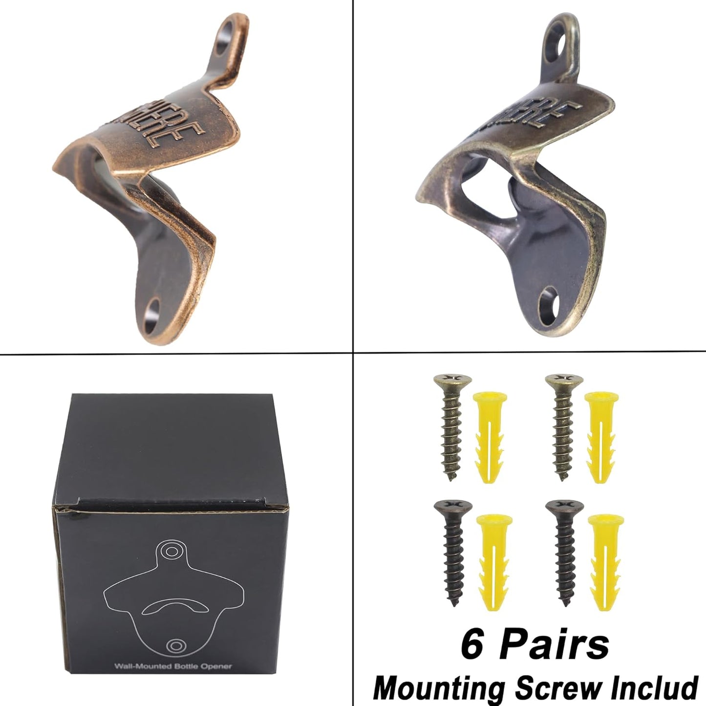 Old Fashion Bottle Opener Wall Mounted Stainless OPEN HERE Black Screw in Wall Beer Soda Bottle Cap Opener Rustic Copper for Table Cooler Post (2 PCS)