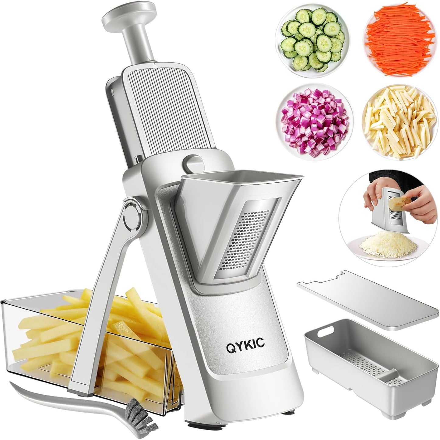 QYKIC Upgrade Safe Mandoline Slicer for Kitchen, Vegetable Chopper and Slicer, Potato Slicer Thickness Adjuster, French Fry Cutter, Veggie Onion Dicer Faster Kitchen Mandolin for Meal Prep