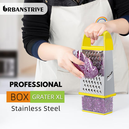 Urbanstrive Cheese Grater With Container, Professional Cheese Grater with Handle, Stainless Steel Graters for Kitchen Handheld, Box Grater with 4 Sides for Vegetables, Ginger, Potatoes (Blue)