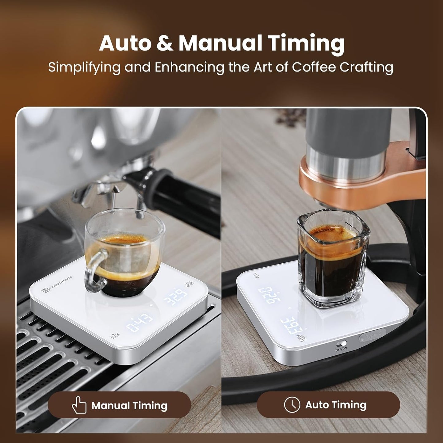 Maestri House Mini Coffee Scale with Timer, USB-C Rechargeable Espresso Scale, 2kg/0.1g Accurate Scale for Espresso and Pour-Over Coffee, Portable Digital Kitchen Scale with Auto Timer (Black&Silver)