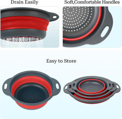 Collapsible Colander 3-Pack Set Space-Saving Foldable Kitchen Strainer with Non-Slip Base Durable Thickened PP+TPE Collapsible Strainers for Pasta, Vegetables, Fruits (Gray-White)