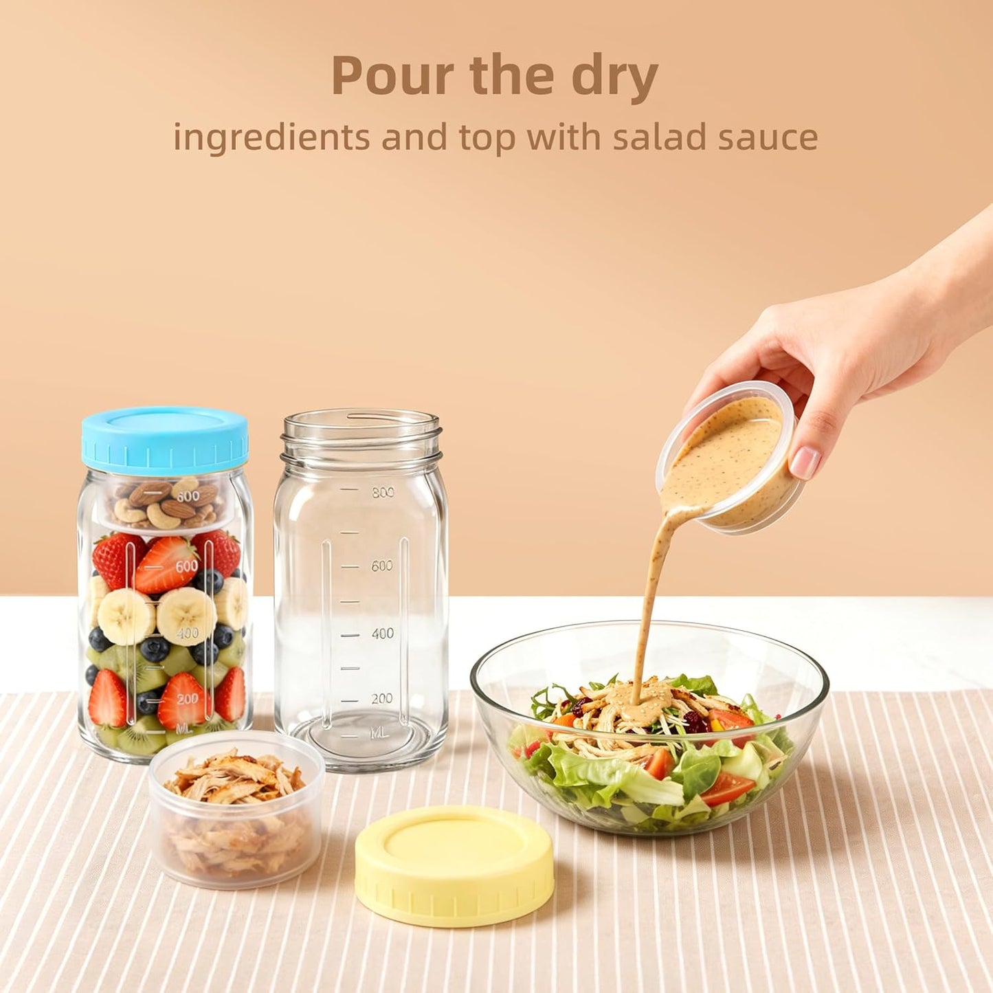 4Pack Glass Salad Jars with lids meal prep- 32oz Leakproof container for lunch | Comes with 2 Built-In Compartments for Wet/Dry Separation | salad dressing and dry ingredients storage.