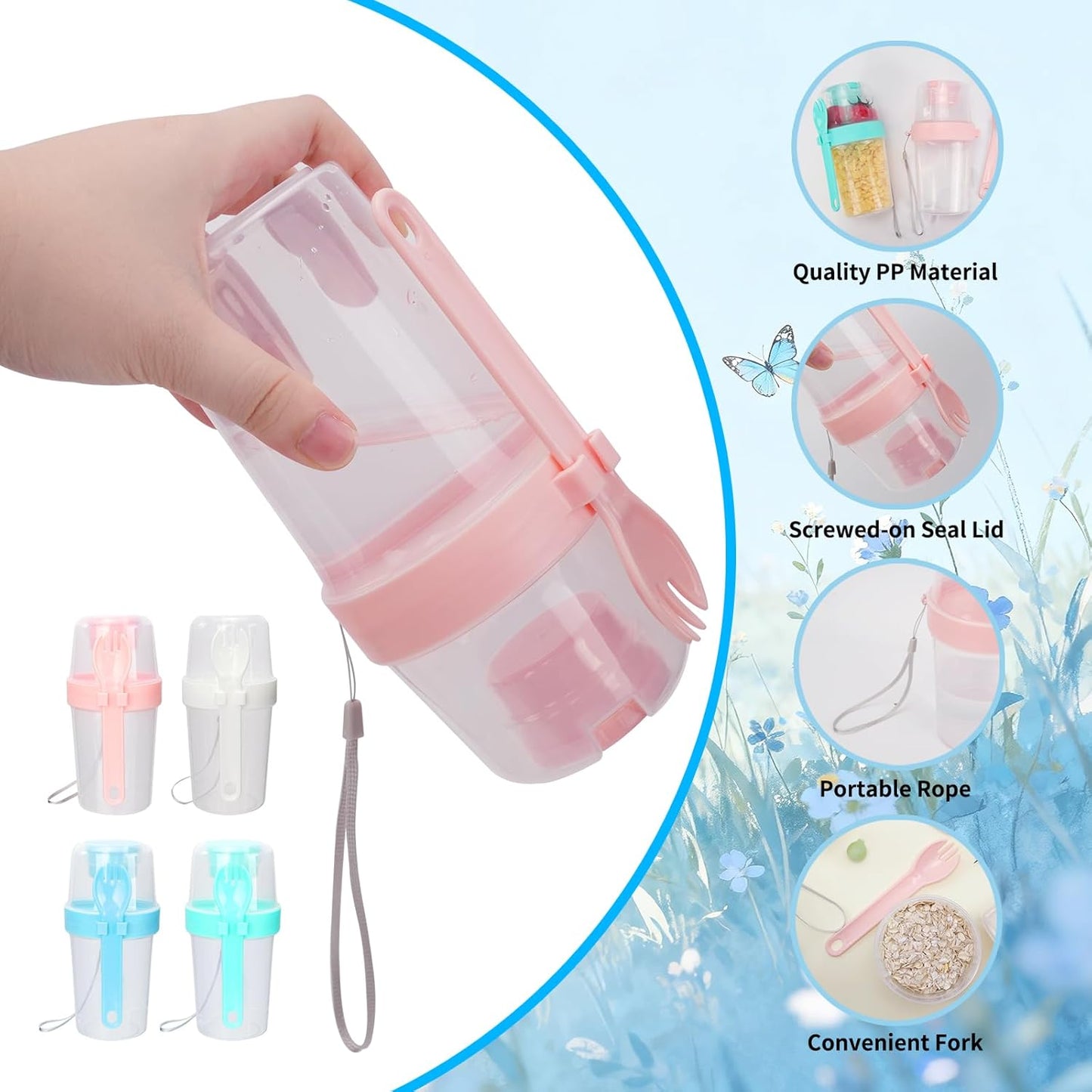 WRENYZK 4 Pcs Salad Shakers with Fork, Salad Cup To Go, Breakfast On The Go Cups, Health Container with Washing Brush, Salad Pods for Lunch, Separate Compartments, Leakproof Design