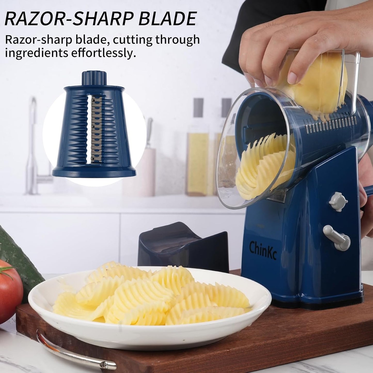 Upgrade Rotary Cheese Grater Shredder with Handle, Strong Suction Base, Multi-purpose Rotary Grater Slicer with 5 Interchangeable Blades for Ice, Vegetables, Fruit, Nuts with Blade Storage Box