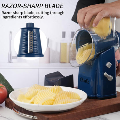 Upgrade Rotary Cheese Grater Shredder with Handle, Strong Suction Base, Multi-purpose Rotary Grater Slicer with 5 Interchangeable Blades for Ice, Vegetables, Fruit, Nuts with Blade Storage Box