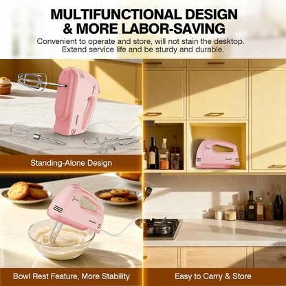 Electric Handheld Mixer, 7-Speed Adjustable Kitchen Mixer, 5 Stainless Steel Accessories (2 * Dough Hooks, 2 * Beaters, 1 * Whisk), Perfect for Kitchen and Baking Food Mixers, Blue