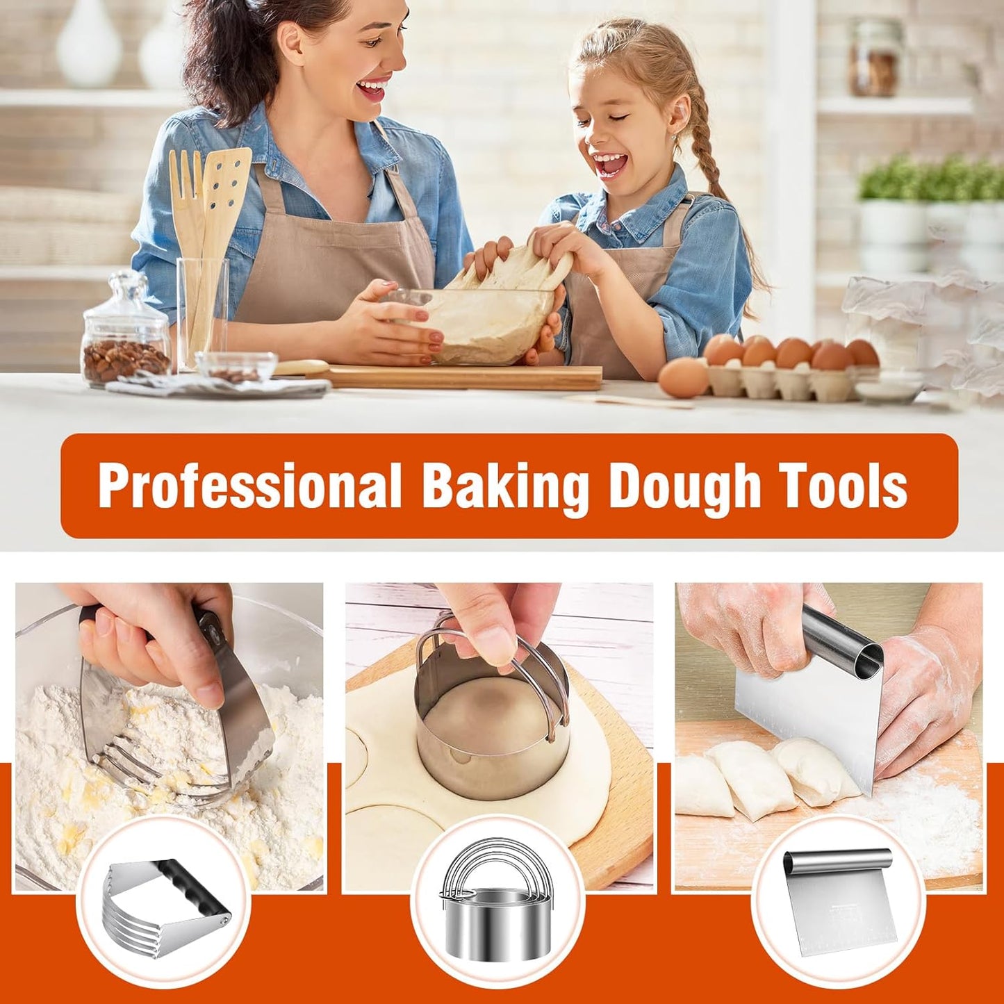 9PCS Stainless Steel Pastry Blender Set, 3 Cup Flour Sifter, Biscuit Cutter, Pastry Cutter, Dough Cutter, Silicone Baking Mats, for Cooking Cookies and Donuts, Cakes, Biscuits or Making Pancakes