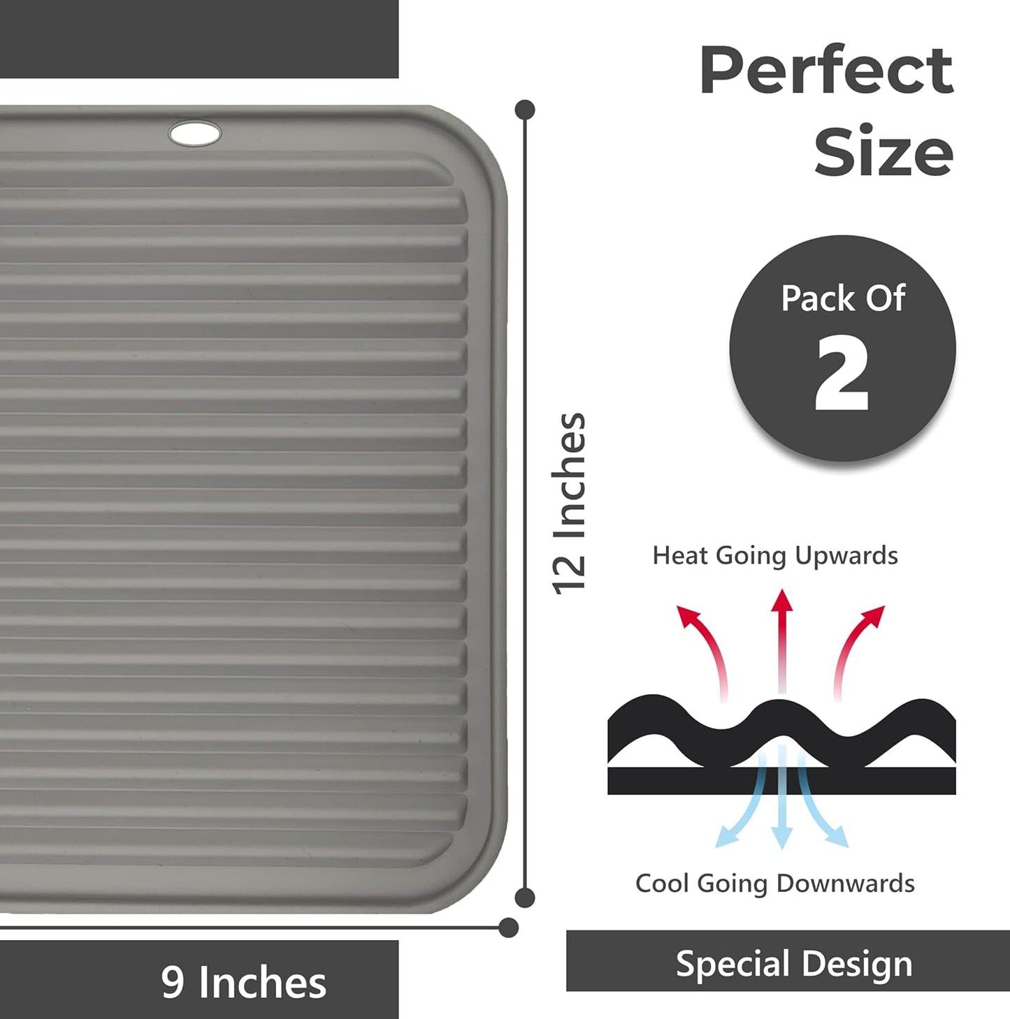 Silicone Trivets for Hot Dishes, Pots, Pans (2 Pack) - Heat-Resistant Pot Holders for Kitchen Countertop Mats - Silicone Trivet Mat (9 x 12 Inch) - Multipurpose Counter Pads (Black)