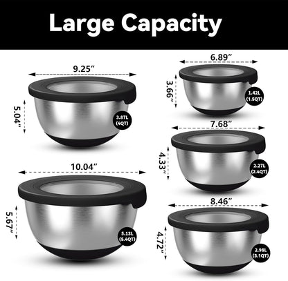 KITEISCAT Stainless Steel Mixing Bowls with Lids – Set of 5 Large Nesting Metal Bowls for Kitchen, Baking, Cooking, Food Prep & Storage, Non-Slip Base, Dishwasher Safe,Khaki