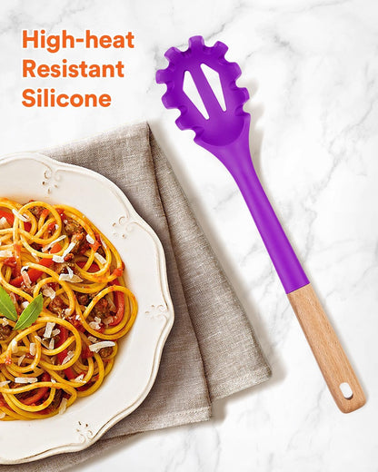 Silicone Pasta Fork, Kitchen Heat Resistant Noodle Spoon Server, BPA Free Spaghetti Strainer,12.8 inch (Khaki)