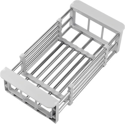 Expandable Over Sink Dish Drying Rack, Stainless Steel Kitchen Organizer, Adjustable Countertop Drainer for Plates, Bowls, Utensils (Gray, Small)