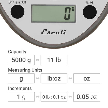 San Jamar Escali Digital Kitchen Scale, 11 lb Capacity, Tare Function, Precise Readout, Compact 8.5" x 6", Metallic Plastic (Model SCDG11M)