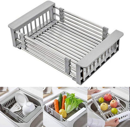 CARNAVAL Stainless Steel Kitchen Drying Rack, Retractable Drain Basket with Adjustable Armrest, Over The Sink Dish Drying Rack