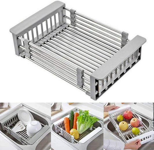 CARNAVAL Stainless Steel Kitchen Drying Rack, Retractable Drain Basket with Adjustable Armrest, Over The Sink Dish Drying Rack