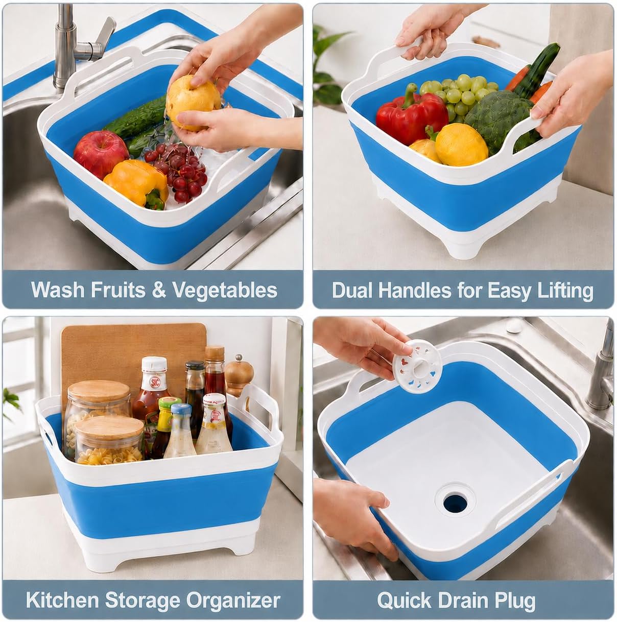 2.4 Gal(9L) Collapsible Dish Basin with Drain Plug, Space Saving Outdoor Multiuse Foldable Sink Tub, Dishpan, Kitchen Storage Tray for Camping, Vegetable Washing, RV (Gray)