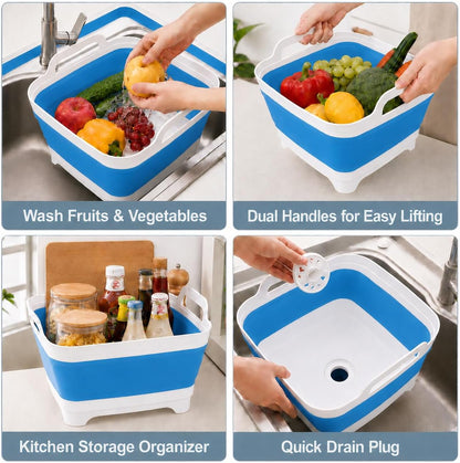 2.4 Gal(9L) Collapsible Dish Basin with Drain Plug, Space Saving Outdoor Multiuse Foldable Sink Tub, Dishpan, Kitchen Storage Tray for Camping, Vegetable Washing, RV (Gray)
