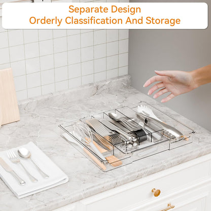Yieach Clear Expandable Silverware Drawer Organizer,9.4-15.6In Adjustable Silverware Tray for Drawer,Acrylic Kitchen Utensil Drawer Organizer for Cutlery,Flatware Organizers and Fork and Spoon Holder