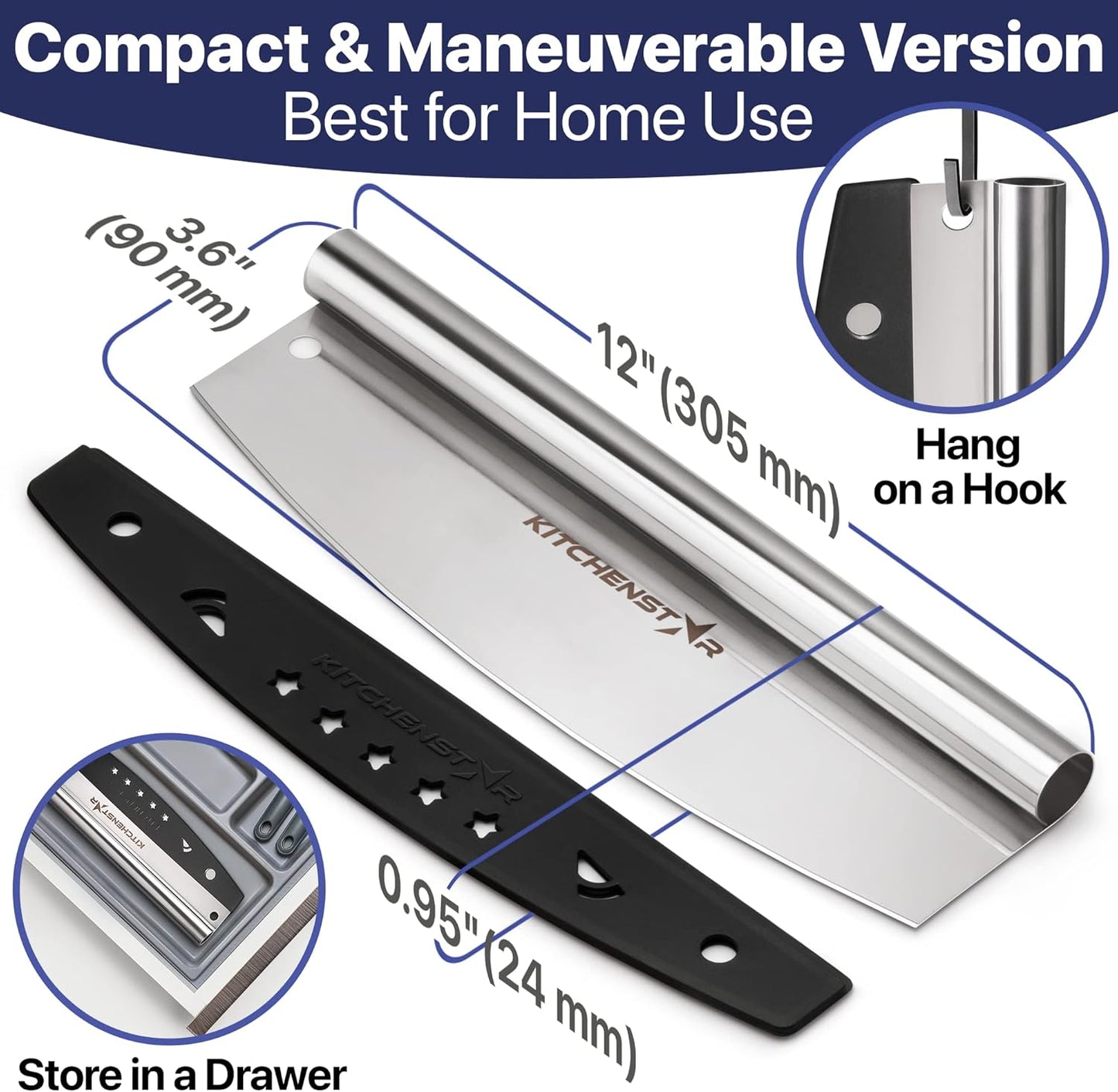 KitchenStar 14-Inch Pizza Cutter Rocker Blade - Sharp Stainless Steel Slicer Knife, Protective Cover, Dishwasher Safe, Large - Professional Pizza Oven Accessories