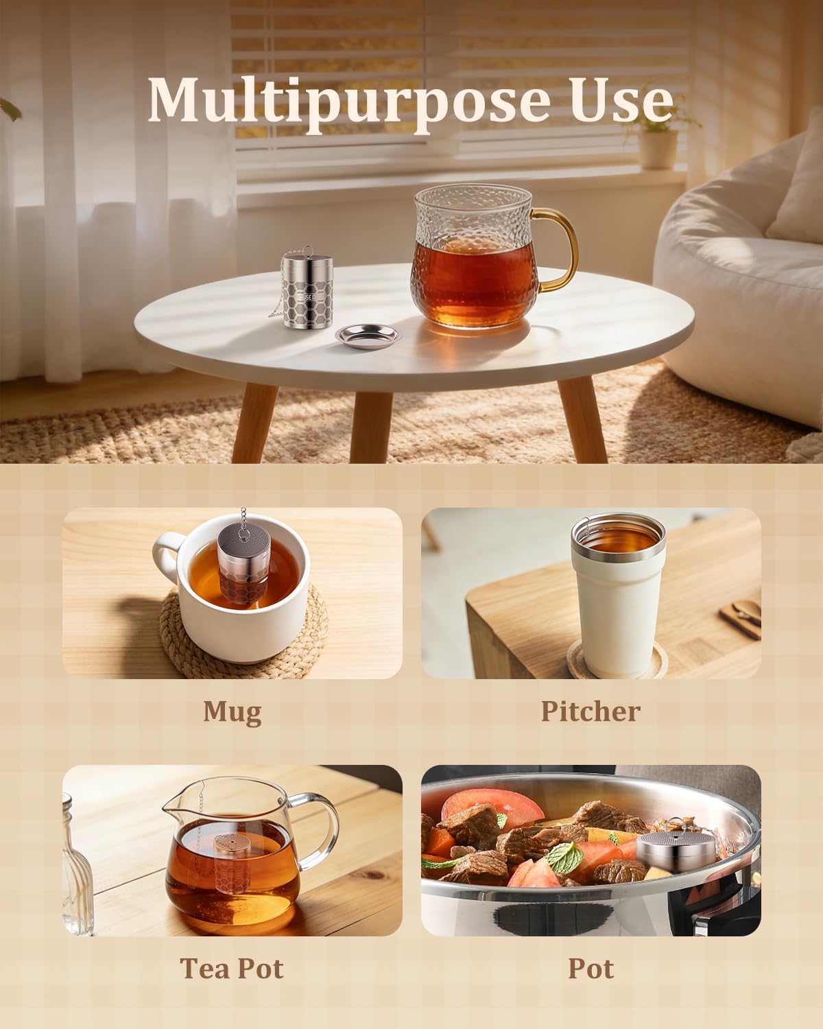 House Again Tea Infusers, Extra Fine Mesh Tea Strainers for Loose Tea, Updated Slim Threaded Lid & 304 Stainless Steel, Loose Leaf Tea Steeper for Brew Tea Spices & Seasonings